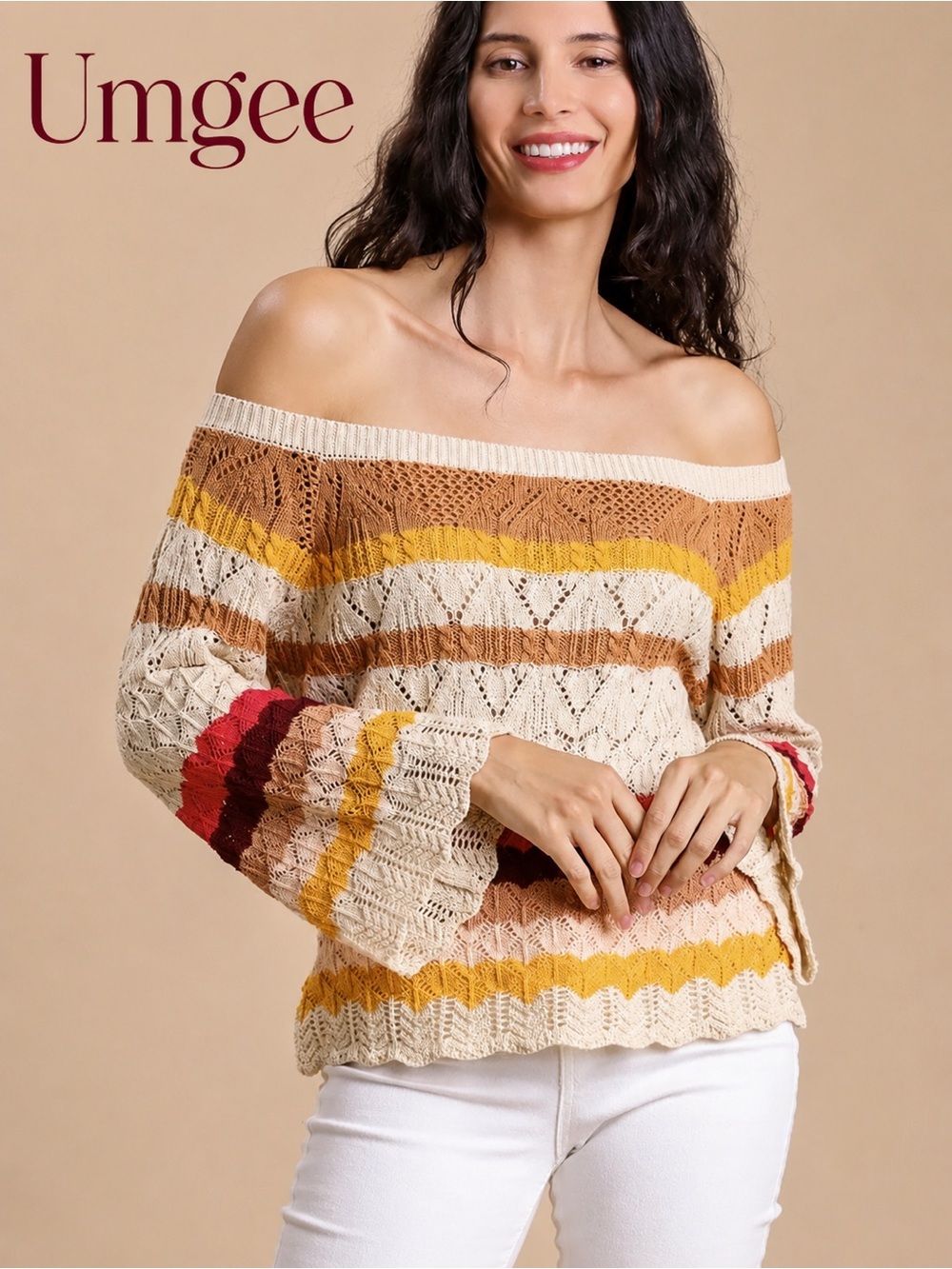 Umgee Color Block Long Sleeve Pointelle Knit Pullover Sweater In Natural NEW